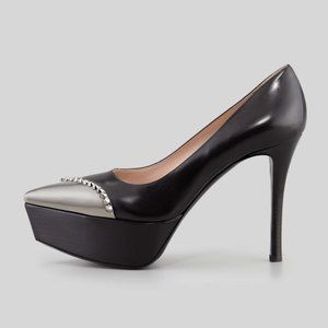 Miu Miu®  Black Metal Cap-toe Pump Platforms